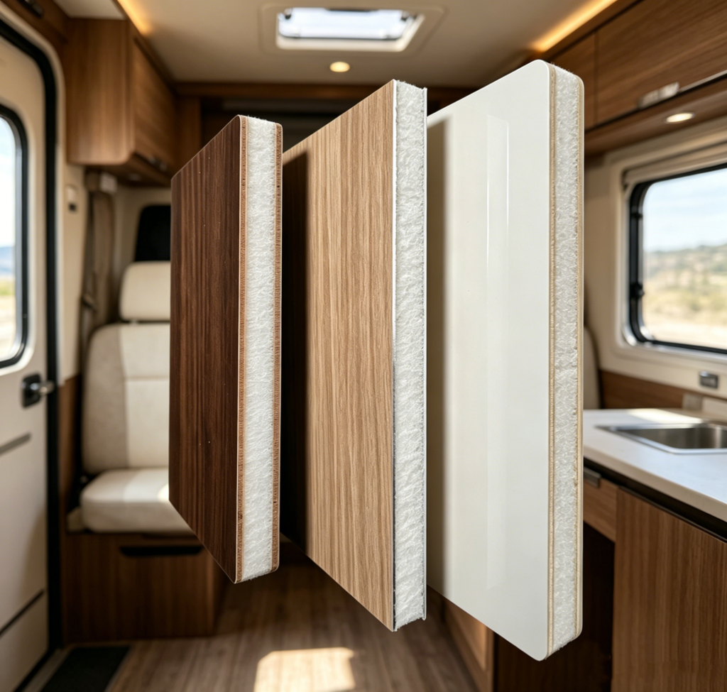 Lightweight RV furniture boards made of PET foam core sandwich panels for motorhome interior.